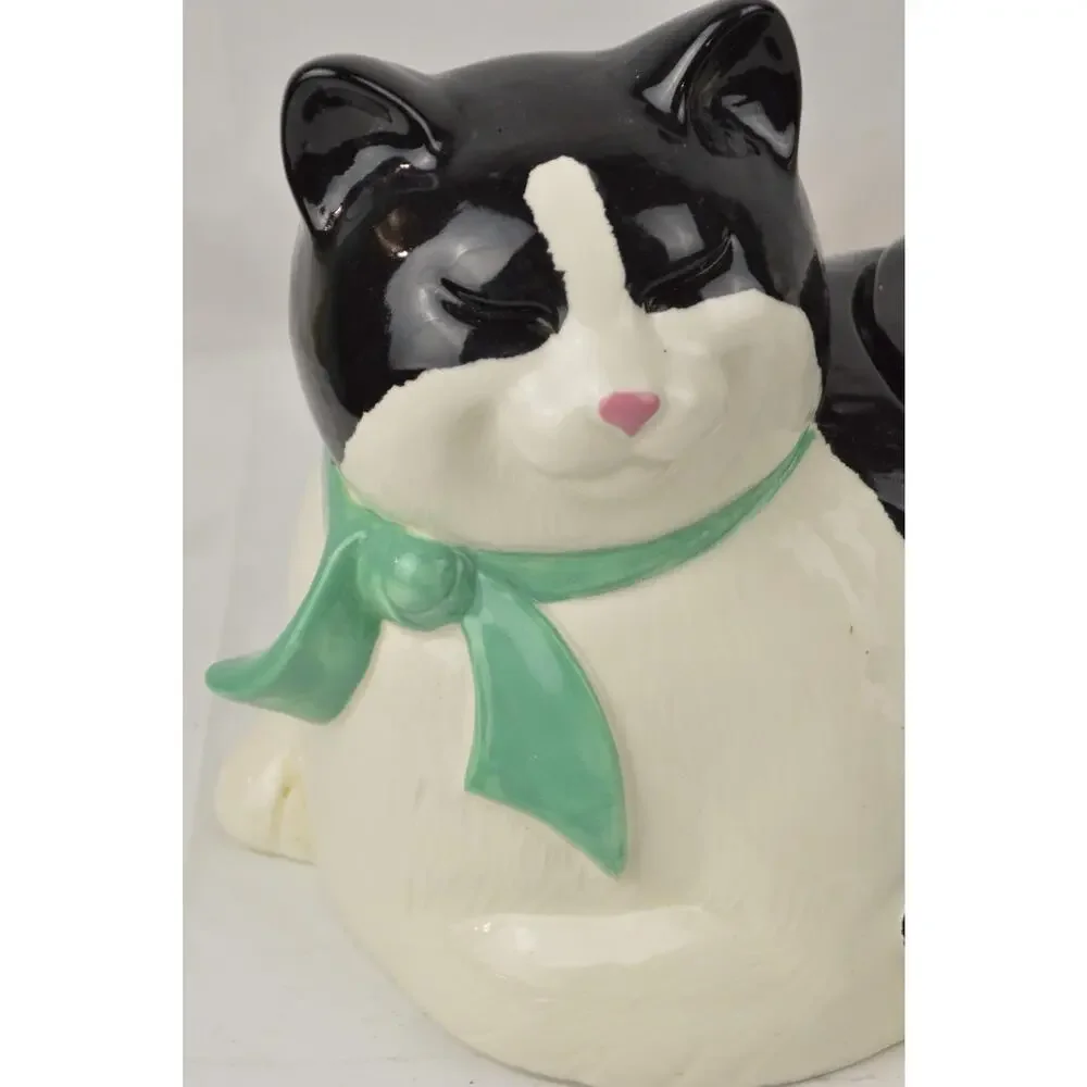 Vintage Tuxedo Cat Cookie Jar Mama Kitty w/ Baby Kitten Lid